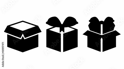 Three stylized black gift boxes in various states open closed and with bows on a white background | editable eps vectors silhouette