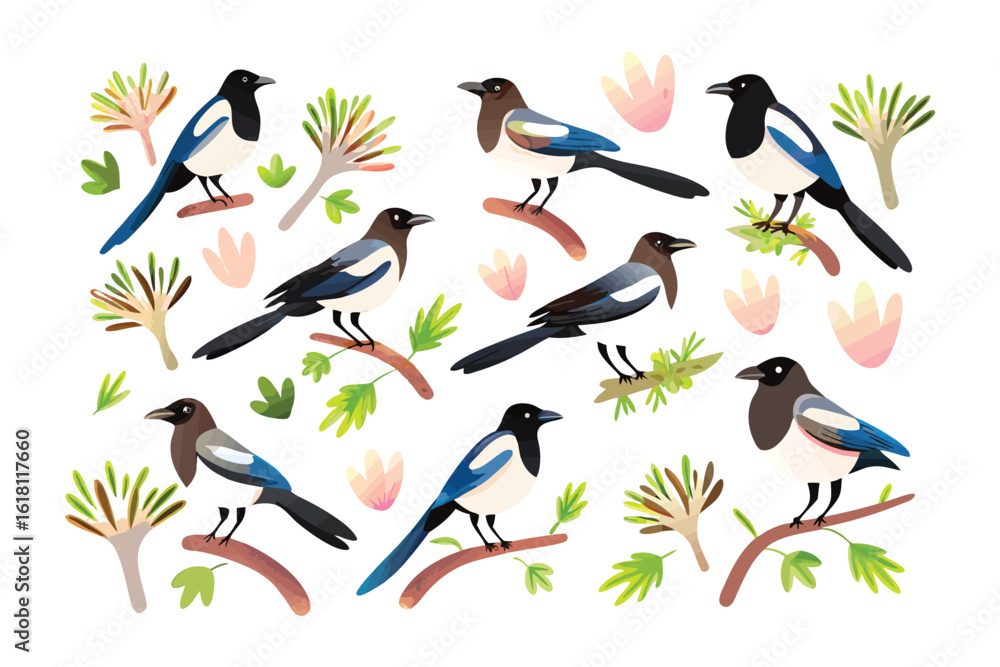 Fototapeta premium Magpies on the Branches: A charming, close-up illustration showcases several magpies perched elegantly on tree branches, surrounded by soft, stylized foliage, against a clean, minimalist backdrop.