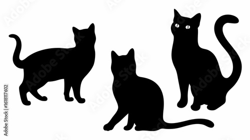 Three black cat silhouettes in various poses against a white background displaying domestic animals | editable eps vectors