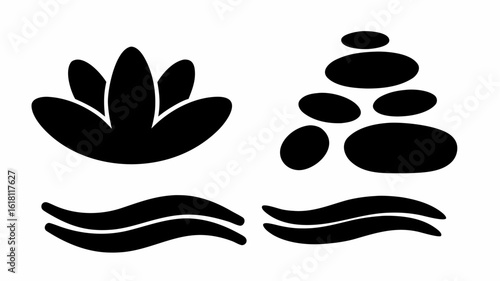 Illustration of a lotus flower and a stack of stones with wave lines in black and white design | editable eps vectors silhouette