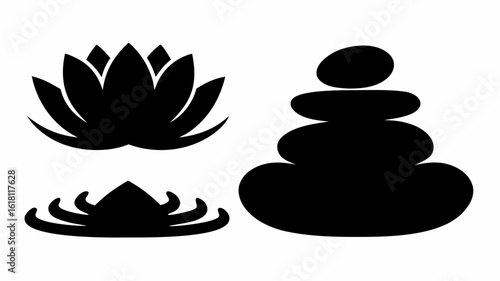 Black silhouette of lotus flower and stacked stones representing zen garden on a white background design element | editable eps vectors