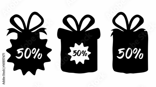 Three black gift boxes with bows and fifty percent discount labels on a white background vector image | editable eps vectors silhouette
