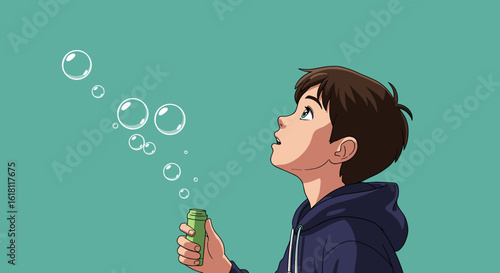 Boy watching bubbles with wide-eyed wonder and playful joyful mood, clean flat vector illustration, minimalist style with bold color blocks on solid background