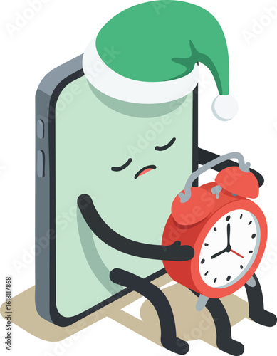 Smartphone character sleeping with alarm clock wearing green nightcap vector illustration 