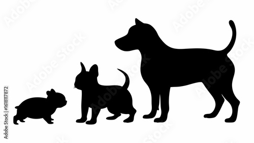 Silhouette depiction of three dogs of different sizes standing in a row against white background design is here | editable eps vectors