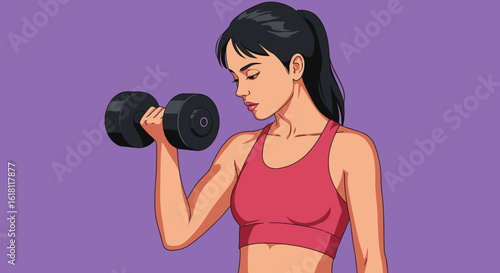 Girl exercising with dumbbell with determined active mood, clean flat vector illustration, minimalist style with bold color blocks, smooth shading, solid or gradient background