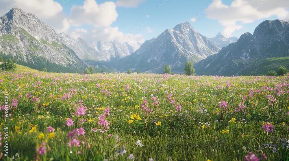 Obraz premium A vibrant meadow filled with wildflowers beneath towering mountains on a sunny day with blue sky