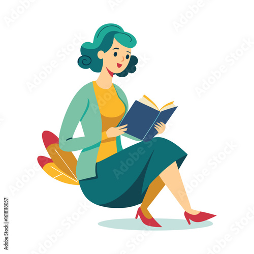 Confident Corporate Lady Boss Reading a Book in Breakroom – Empowering Businesswoman Relaxing During Office Break – Vector Illustration for Professional and Self-Care Concepts