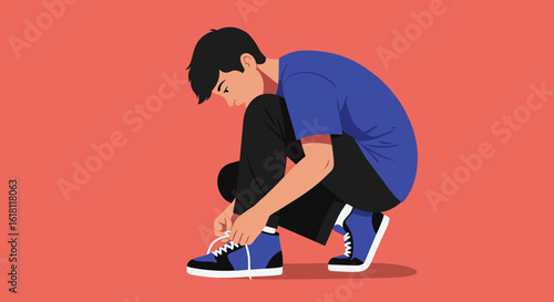 Boy tying sneakers with focus and determination in clean flat vector style, bold color blocks, minimalist shading, solid background