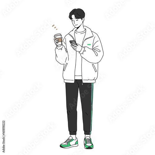 Korean man holding to-go coffee and checking phone, minimalist black and white line drawing, vector illustration with pale green and soft brown accents, streetwear style, white background