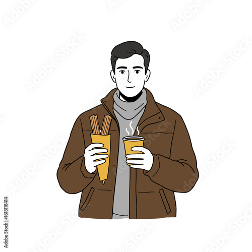 Spanish man holding a churro and hot chocolate at a city festival, minimalist black and white vector illustration with warm brown and yellow accents on white background