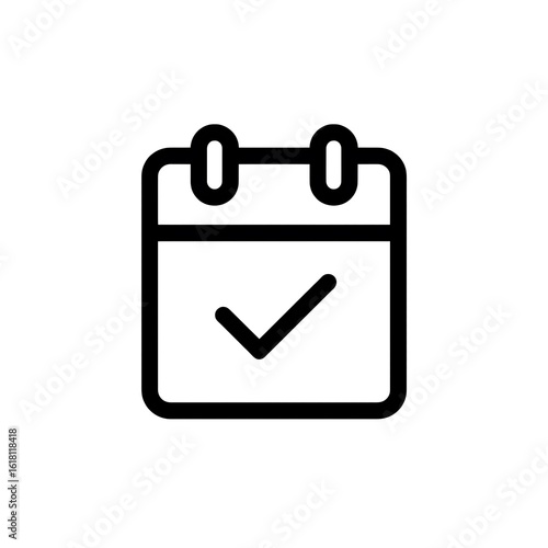 Simple black outline icon of a calendar with a checkmark symbol indicating a completed task or event isolated on white background