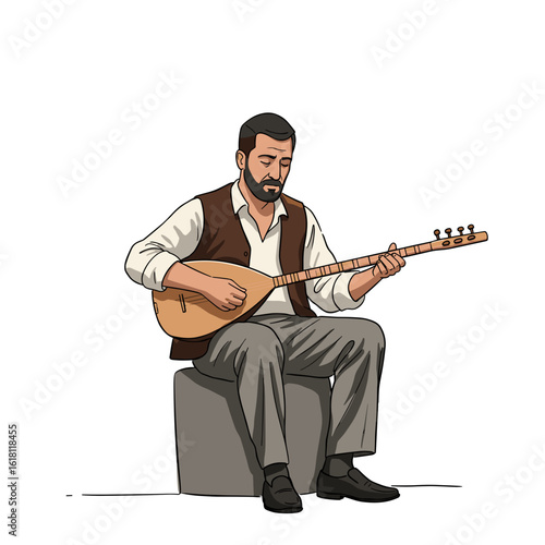 Turkish man playing saz on street corner in minimalist black and white vector illustration, simple line drawing with focused and cultural music theme