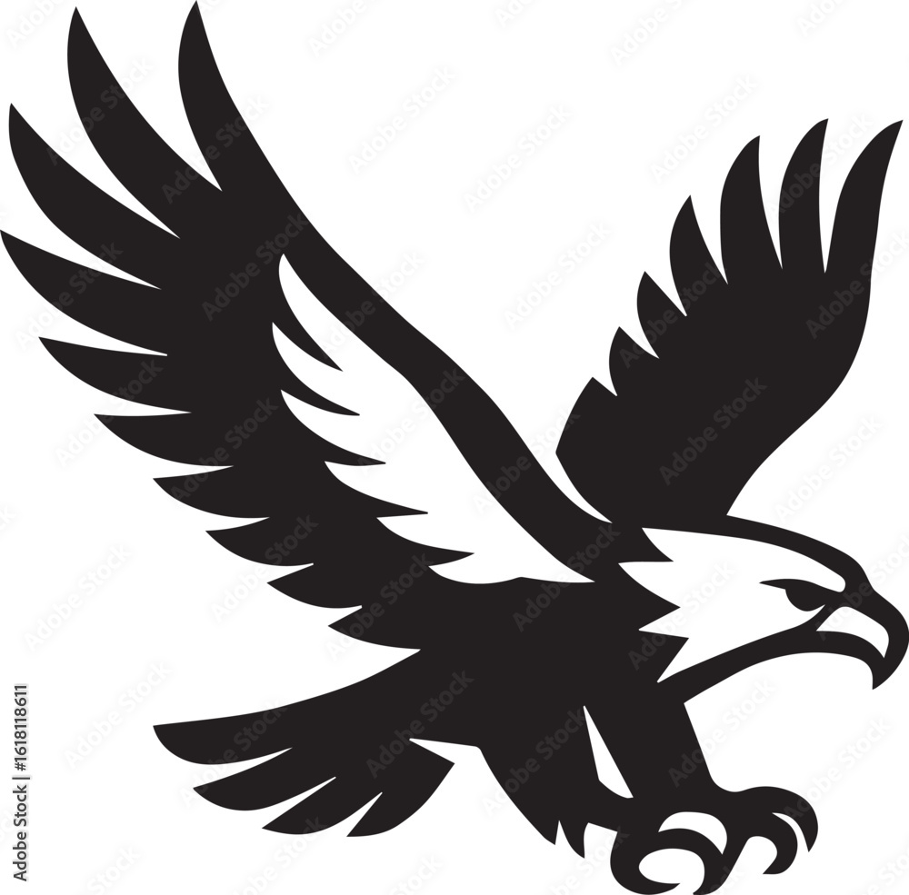 Fototapeta premium A black and white graphic illustration of an eagle with wings spread in a dynamic flying position