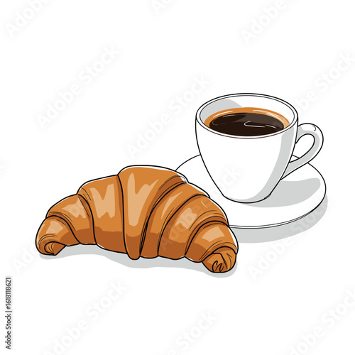 Espresso cup and croissant, simple black and white line art, rich brown and golden highlights, minimalist vector illustration on white background