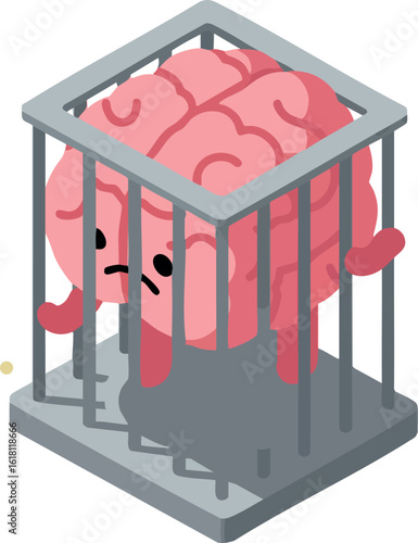 Brain trapped in gray metal cage concept of mental confinement vector illustration 