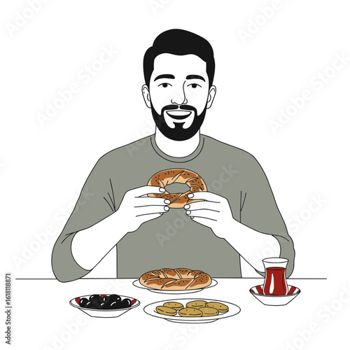 Turkish man enjoying traditional breakfast with warm cheerful mood, minimalist black and white line drawing vector with warm amber accents on white background