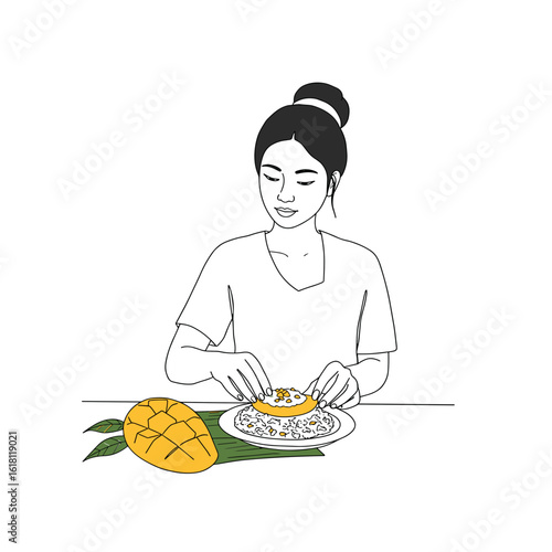 Thai woman arranging mango sticky rice with careful attentive mood, minimalist black and white line drawing vector with solid yellow and pastel green accents on white background