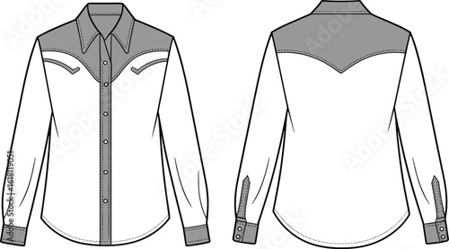 Western style shirt fashion technical flat sketch with yoke and snap buttons, front and back view, vector drawing design