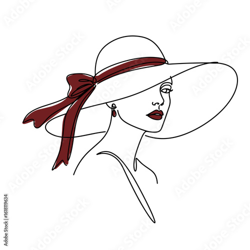 Woman in wide-brimmed hat in stylized monoline vector illustration, continuous line with bold black and ruby red, dramatic Art Deco flair