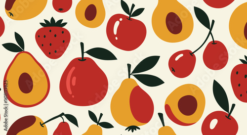 Vector pattern of abstract fruit forms in decorative flat illustration style with vivid harmonious colors and soft curved shapes on white background