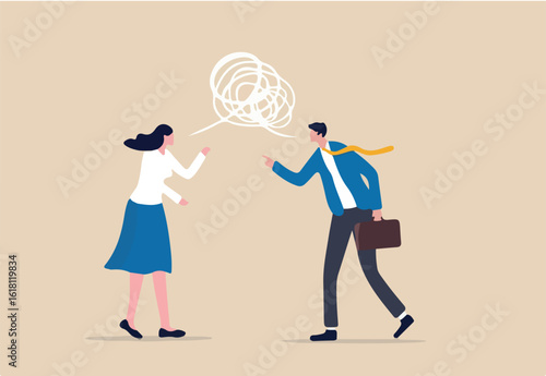 Different opinion, conflict or argument in meeting discussion debate, disagreement or fight, challenge dialog concept, businessman and woman colleague arguing different opinion to find out solution.