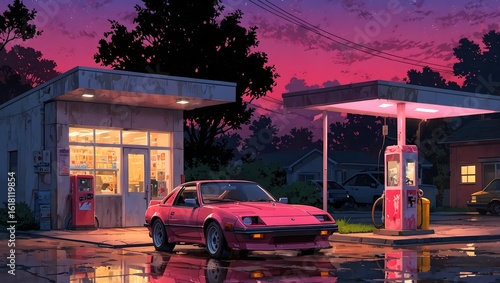 Pink sports car at a suburban gas station at sunset, retro 80s anime style illustration