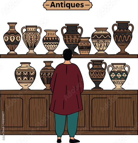 Person viewing antique vases collection in museum or gallery with wooden display shelves 