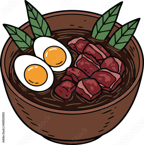 Bowl of beef stew with boiled eggs and green leaves vector illustration natural food meal 