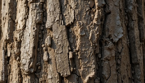 Close-up texture of larch tree bark, scaly and dry wood surface with deep longitudinal cracks, soft natural light.