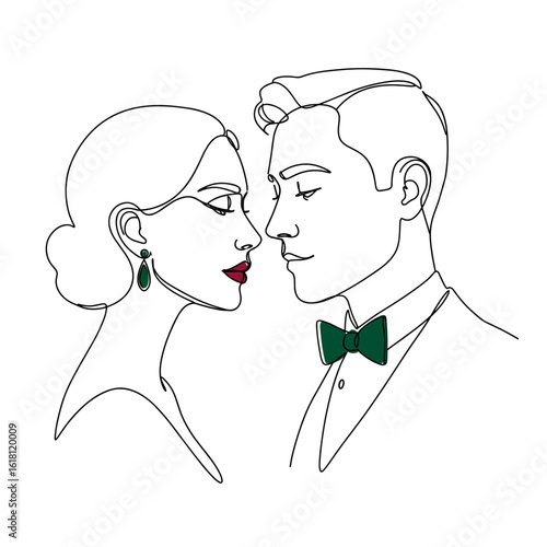 Man and woman facing each other with romantic harmonious mood, stylized monoline vector drawing with crimson lips and emerald green bowtie accents on white background