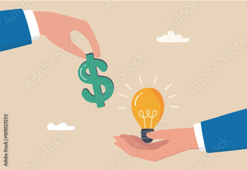Funding startup idea, fundraising to start business, investor, venture capital or VC to financial support, budget or sponsorship concept, businessman hand give dollar money to lightbulb business idea.