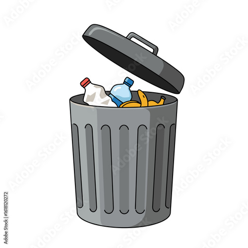 Metal trash can with open lid flat vector illustration, simple and clean style showing generic items inside, isolated on white background