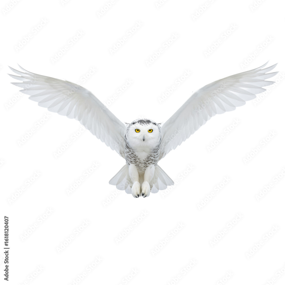 Fototapeta premium A majestic adult snowy owl with luminous yellow eyes and transparent plumage, subtle speckles, powerful wings outstretched in mid-flight towards viewer against a clean infinite white background,