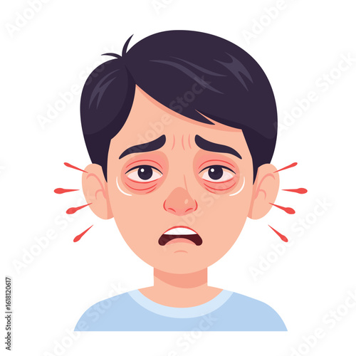 Character with visibly dry or itchy eyes flat vector illustration with animated motion lines near the eye and nose area, stylized and expressive, on white background 