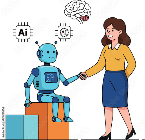 Human and robot collaboration handshake with artificial intelligence concept vector illustration 