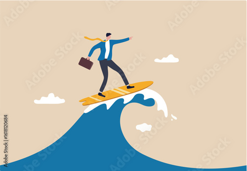 Follow business trend or momentum, challenge to overcome difficulty, professional experience worker or career development concept, expert businessman surfing or riding wave to success direction.