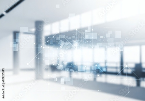 Abstract network overlay on a blurred modern office interior