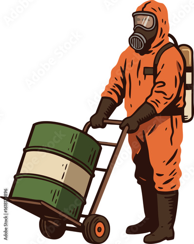 Hazmat Suit Worker Handling Toxic Waste Barrel with Protective Gear and Gas Mask Vector Illustration 