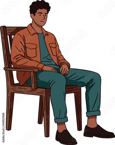Young man sitting on wooden chair in casual clothing vector illustration 