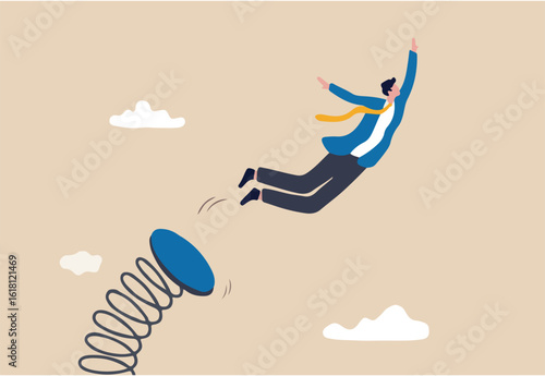 Boost up business growth, improvement, career path or job promote to higher position concept, confidence businessman leader jumping springboard up high in the sky.