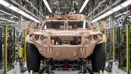 Military Vehicle on Assembly Line in Manufacturing Plant Sand Colored Armored Vehicle on Conveyor Belt in Bright Industrial Setting