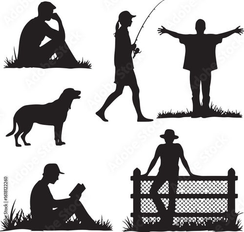 People and dog silhouettes outdoors fishing reading
