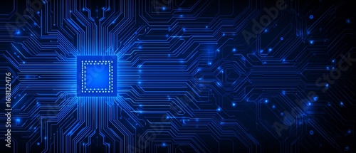 Growing electrical high-tech circuit board in blue abstract, technology background