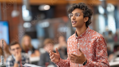 Indian student presenting a speech or presenting a project to an audience or class.