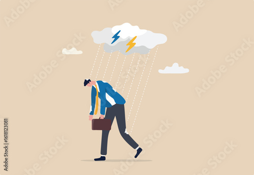 Having bad day, disappointed work, discourage or depression, failure feeling bad or difficulty, having problem and trouble concept, depressed wet businessman walking in raining thunderstorm.