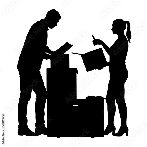 Silhouette of office staff unpacking marketing materials - Workplace preparation, teamwork