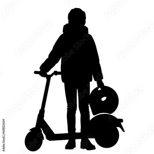 Silhouette of teen boy with helmet and scooter – Street commute safety, practical outerwear
