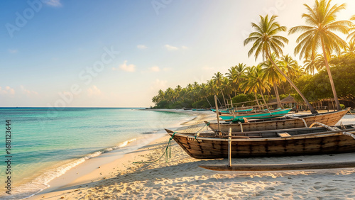 Fototapeta Naklejka Na Ścianę i Meble -  Tropical beach with fishing boats and palm trees. for island culture, travel stories, and Southeast Asian coastal scenes.