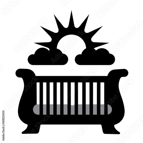 Silhouette of crib with sun and clouds – Nursery design, celestial theme